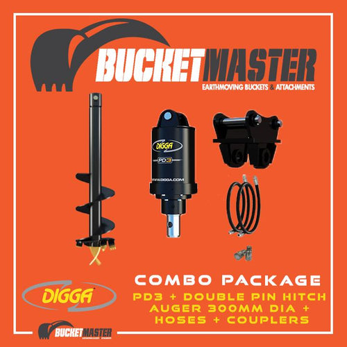 DIGGA AUGER COMBO PACKAGE - PD3 AUGER DRIVE+300Di AUGER +DOUBLE PIN HITCH - FOR EXCAVATOR up to 4.5 Tonne